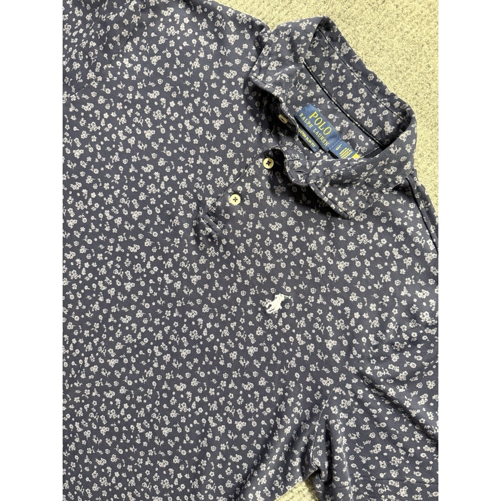 Polo by Ralph Lauren Custom Slim Fit Blue Floral Knit Polo Shirt Cotton Men's L